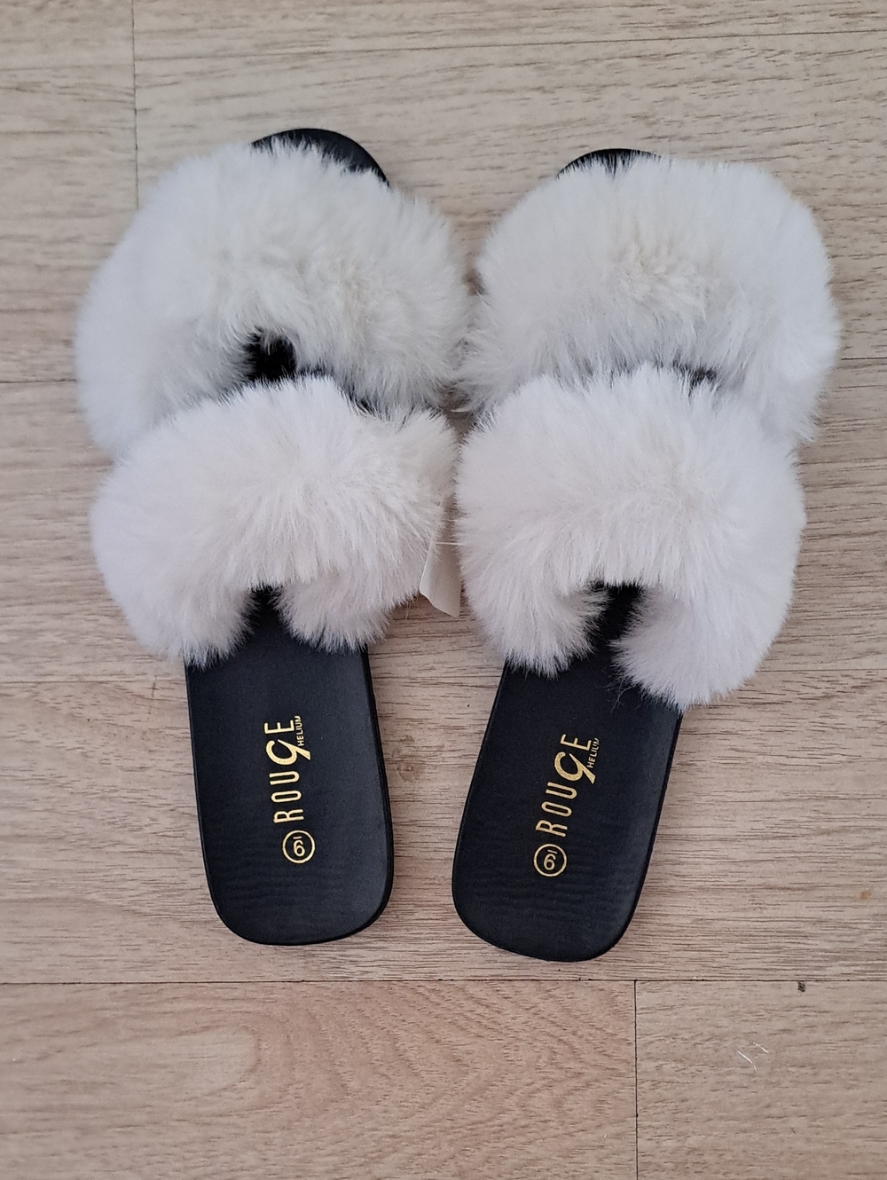 Rouge Helium White Faux Fur Slide Sandals with Black Footbed